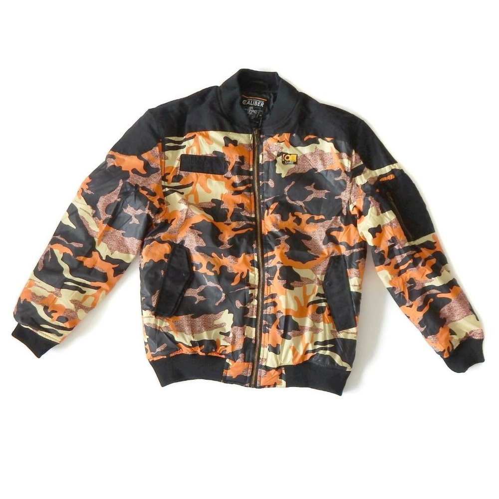 New CALIBER Mens Medium Miitary Camouflage Bomber Jacket Black Orange Puffer NWT